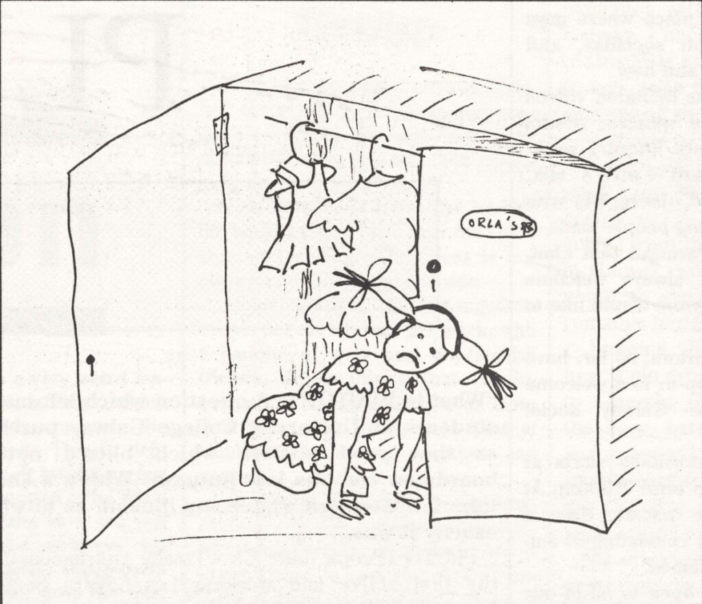 The image is a pen drawing of a woman crawling out of a wardrobe with a sad face.