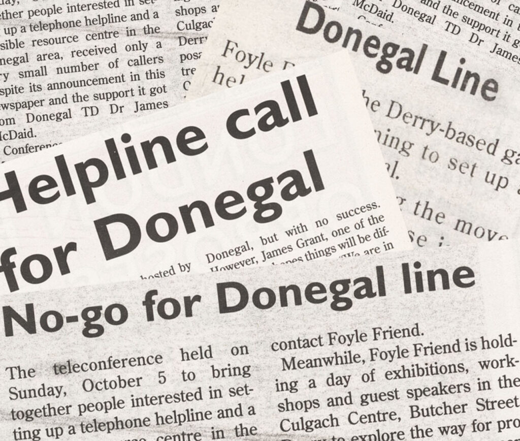 The image shows a series of newspaper articles over laying one another. The headlines 'Donegal Line', 'Helpline Call for Donegal', and 'No-go for Donegal Line' are visible.